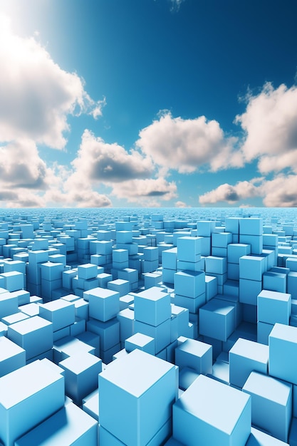 A blue cubes background with clouds and the sky in the background.