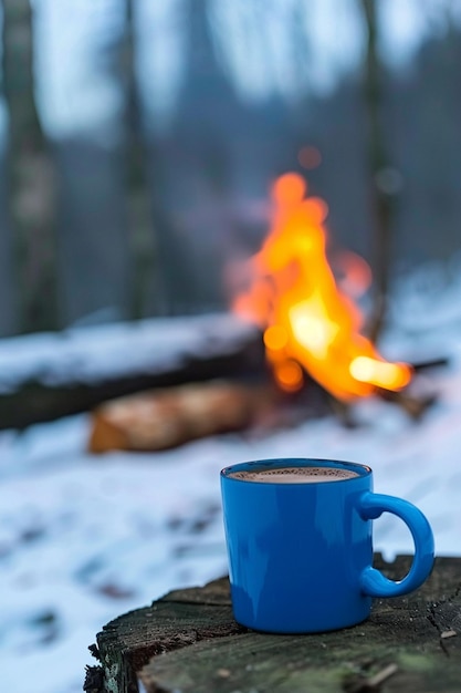 a blue cup of coffee next to a fire in the woods