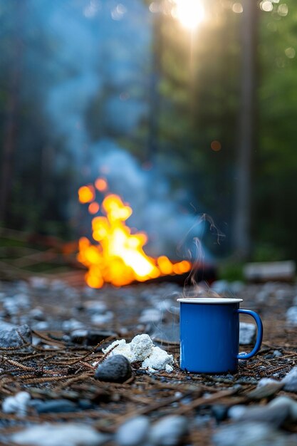 a blue cup of coffee with a fire in the background