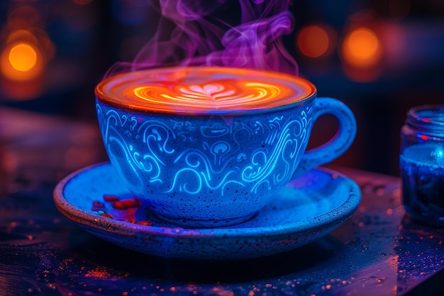 a blue cup of coffee with the words coffee in it