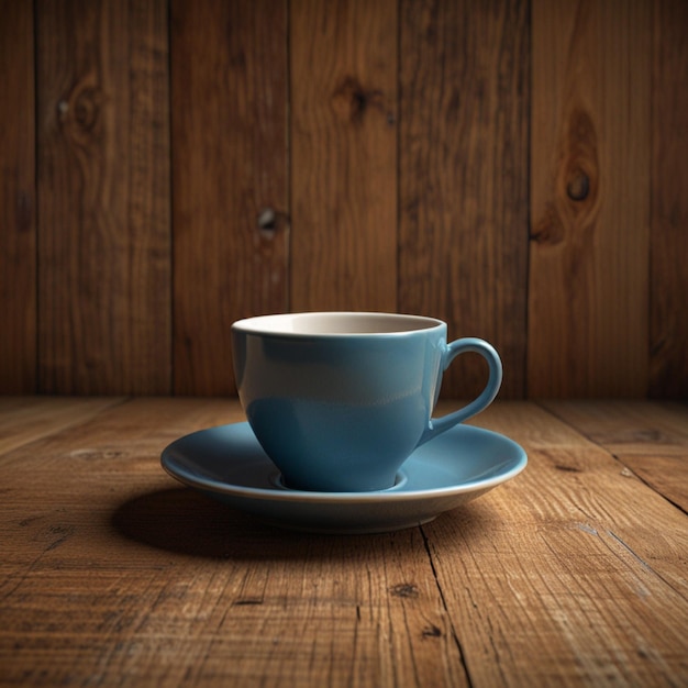 a blue cup on a plate with a plate of coffee on a wooden table