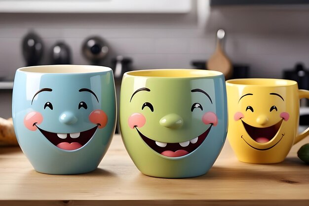 Photo a blue cup with a sad face on it three ceramic mugs with faces that say smiley faces