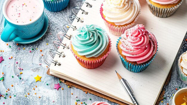 Photo a blue cupcake with a pen and a pen on the page