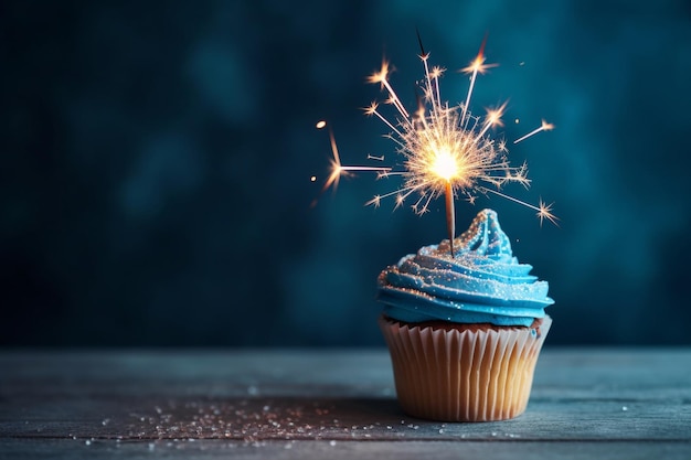 Blue cupcake with sparkler on blue background