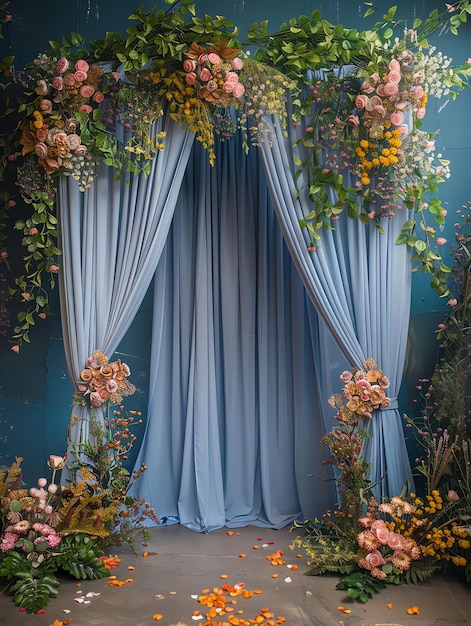 Blue Curtain and flowers backdrop