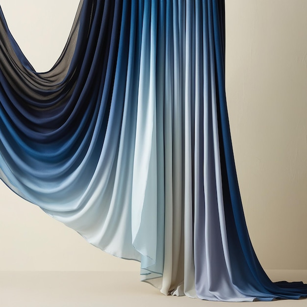 a blue curtain with a blue and white design on it