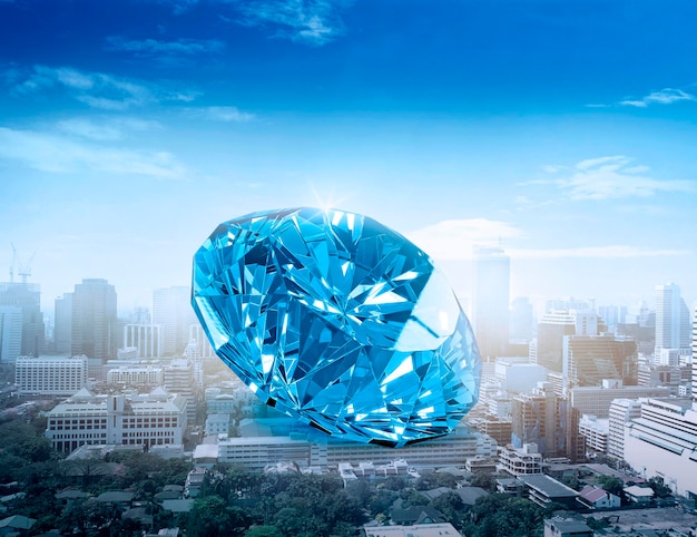 Blue cut diamonds on the big city landscape Diamond trading bus