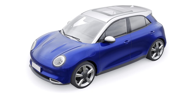 Blue cute little electric hatchback car 3D illustration