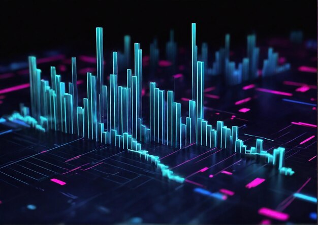 Blue and cyan neon bars chart business growth and development and financial analysis