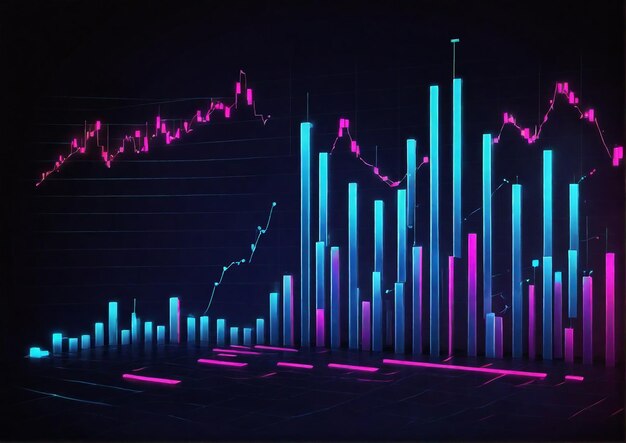 Blue and cyan neon bars chart business growth and development and financial analysis