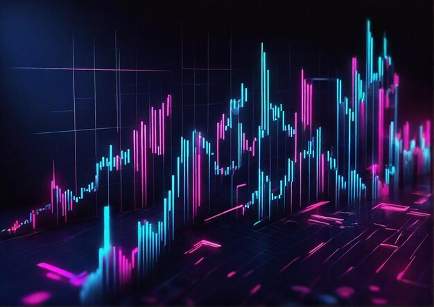 Blue and cyan neon bars chart business growth and development and financial analysis