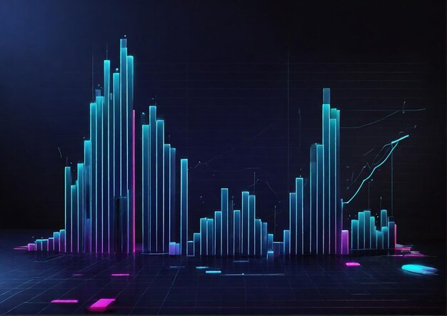 Blue and cyan neon bars chart business growth and development and financial analysis