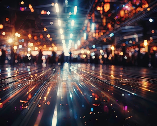 Blue dark background of empty foggy street with wet asphalt illuminated by a searchlight smoke Laser beams and bokeh abstraction raise the view from the floor move the vanishing