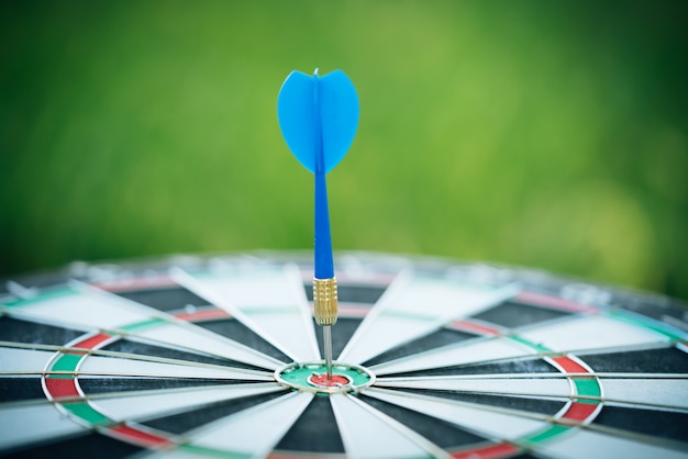 Blue dart arrows hitting in the target center of dartboard with green nature background.