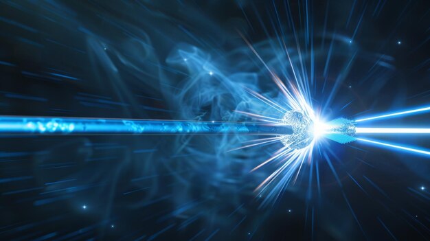 Photo blue darts emit radiant light and energy trails after hitting a multicolored digital target