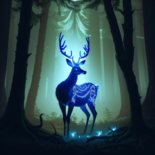 A blue deer with a blue head stands in a forest.