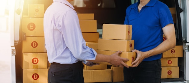 Blue Delivery Men Unloading Package From Truck With Face Mask