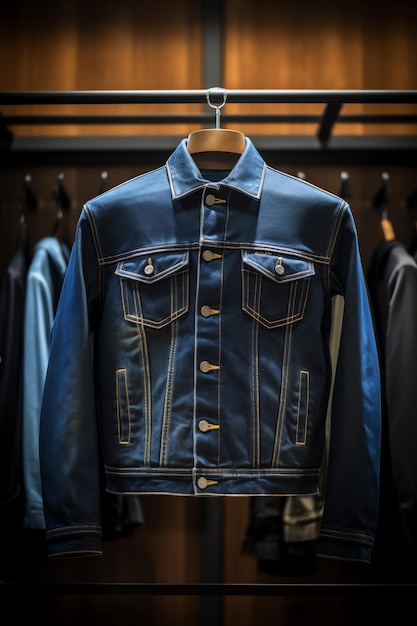 A blue denim jacket is displayed on a hanger.