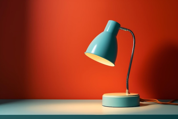 A blue desk lamp with a white base and a red background.