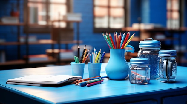 A blue desk with a blue box and a pencil case with a blue box