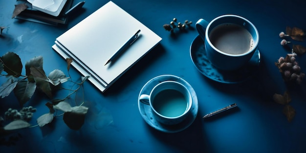 Blue desk with coffee cup and notebook on top