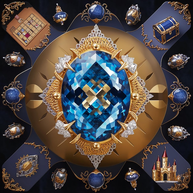 a blue diamond and gold piece of jewelry is displayed