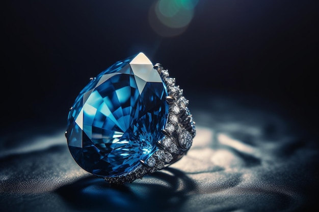 A blue diamond is displayed on a black surface.