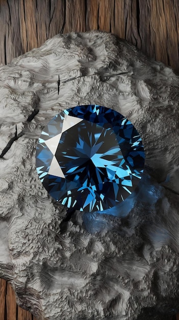 Photo blue diamond sapphire placed on roughness rock background mn object focus 3d rendering