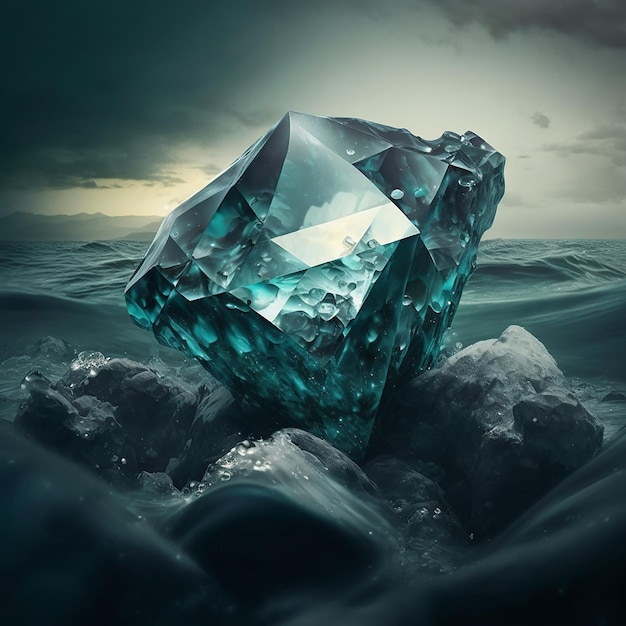 A blue diamond sits on the water in front of a cloudy sky.