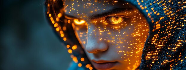 Photo a blue digital hacker with glowing binary code ai in cybersecurity systems threat detection