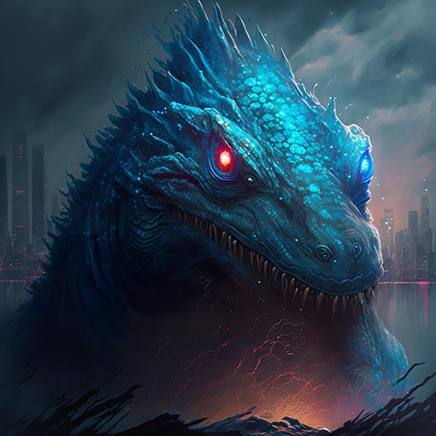 A blue dinosaur with a red eye and a city in the background.