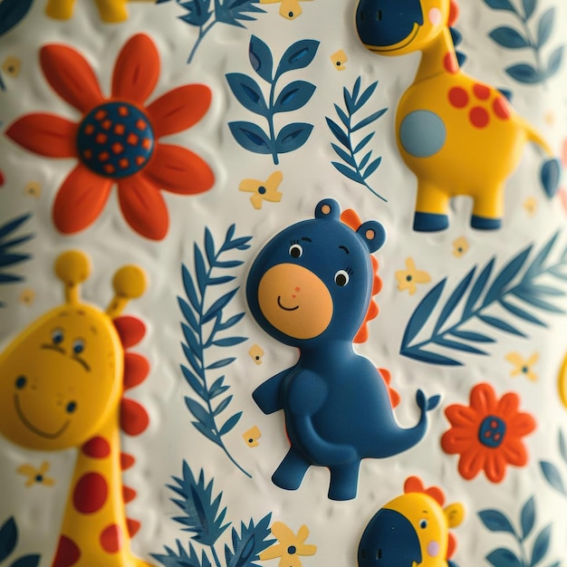 Photo blue dinosaur with yellow giraffe and flowers pattern