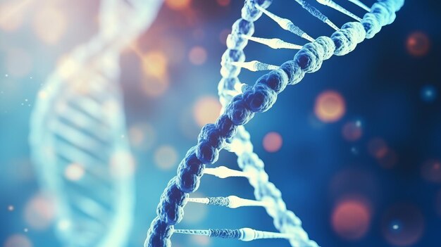 Blue DNA strand closeup on blue background Illustrating scientific nanotechnology medical