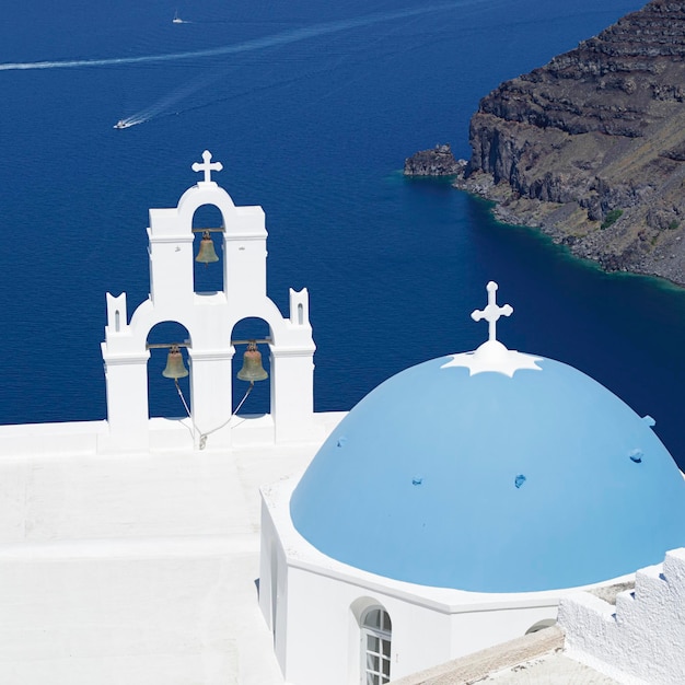 Blue dome Church Saint Spirou located in Firostefani on the island of Santorini Greece