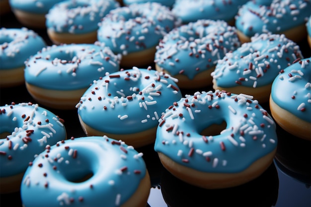 Blue donuts form a mesmerizing pattern creating a delicious and visually appealing background