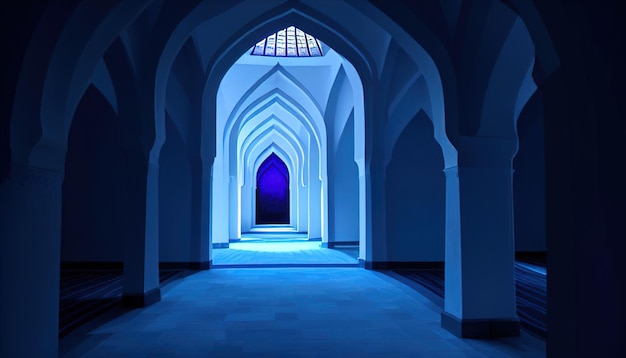 A blue door in a dark hallway with a blue light.