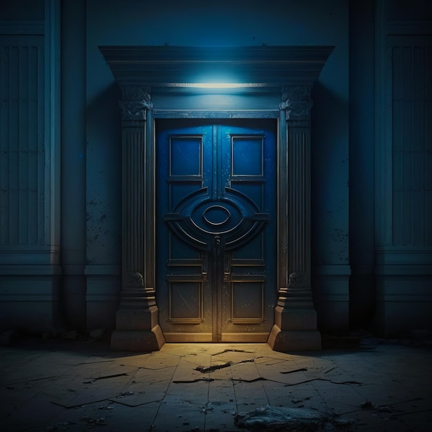 Blue door in dark room with light coming out of it Generative AI