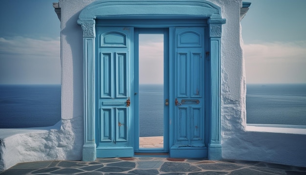 Blue door opens to idyllic Santorini a famous architectural feature generated by AI