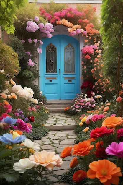 Blue door surrounded by flowers and trees