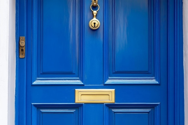 A blue door with a blue door with a gold keyhole on it