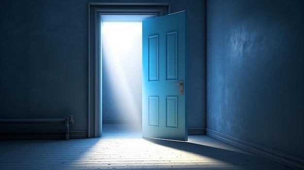 A blue door with a bright light shining through it