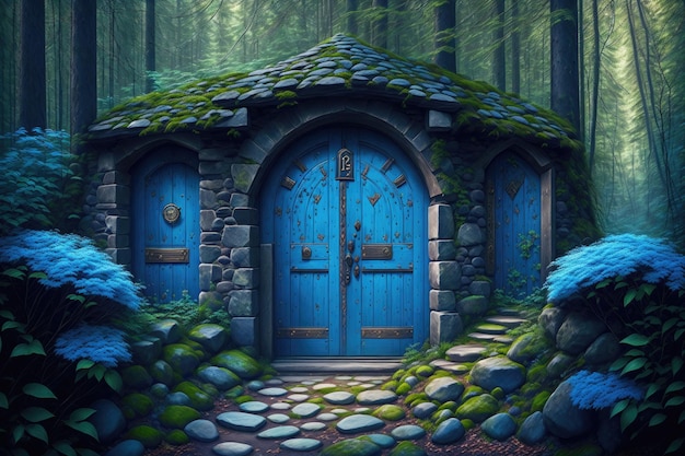 a blue door with a clock on it in a dark forest area with a stone walkway and a stone fence