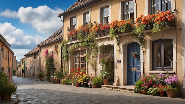 A blue door with flowers in front of it