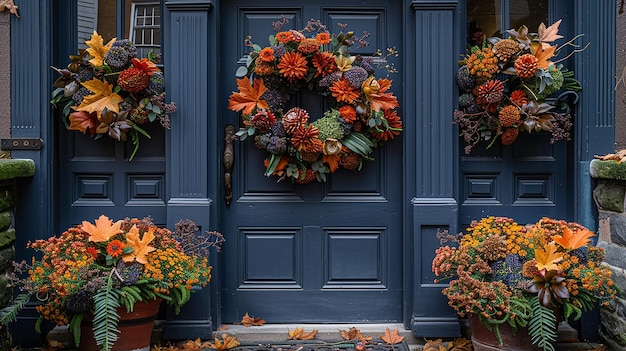 a blue door with flowers on it and a wreath on it