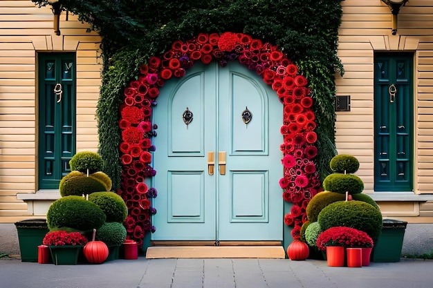 A blue door with red roses and a blue door.