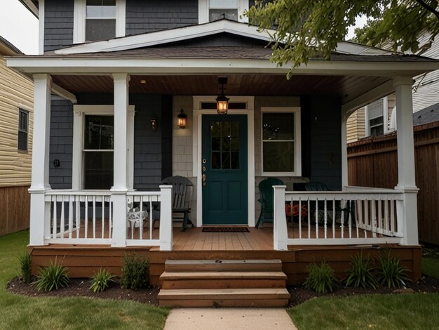 Photo a blue door with a white railing is open to a porch