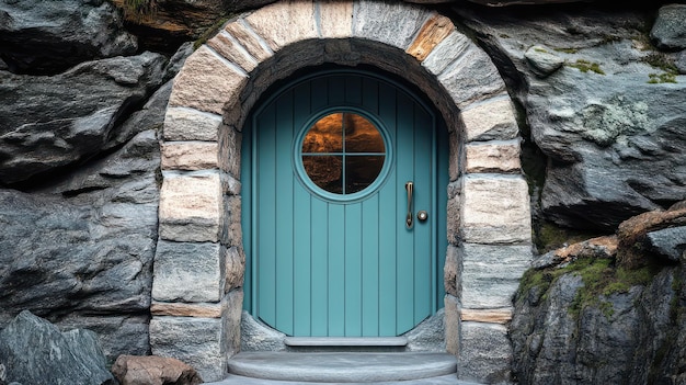 Photo a blue door with a window that says  the door