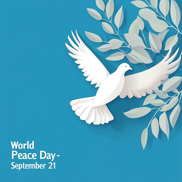 Blue dove flying olive branch World Peace Day September 21