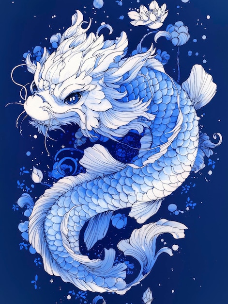 Blue Dragon Koi Fish Illustration