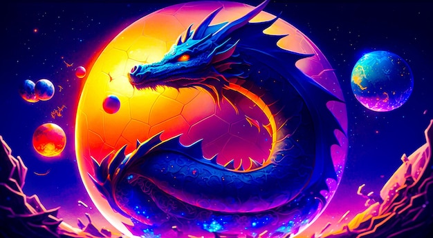 Blue dragon sitting on top of purple and yellow ball of fire Generative AI